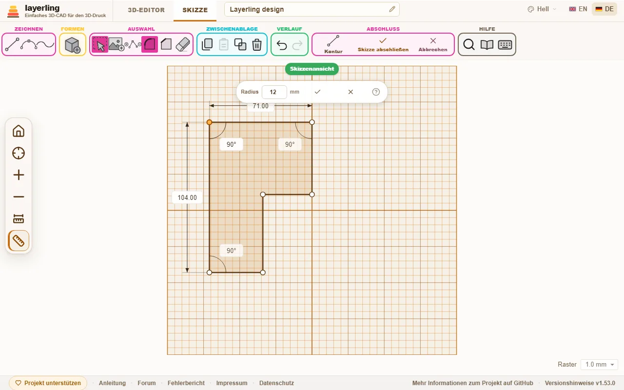 Die Ecke oben links wird mit 12 mm Radius verrundet.