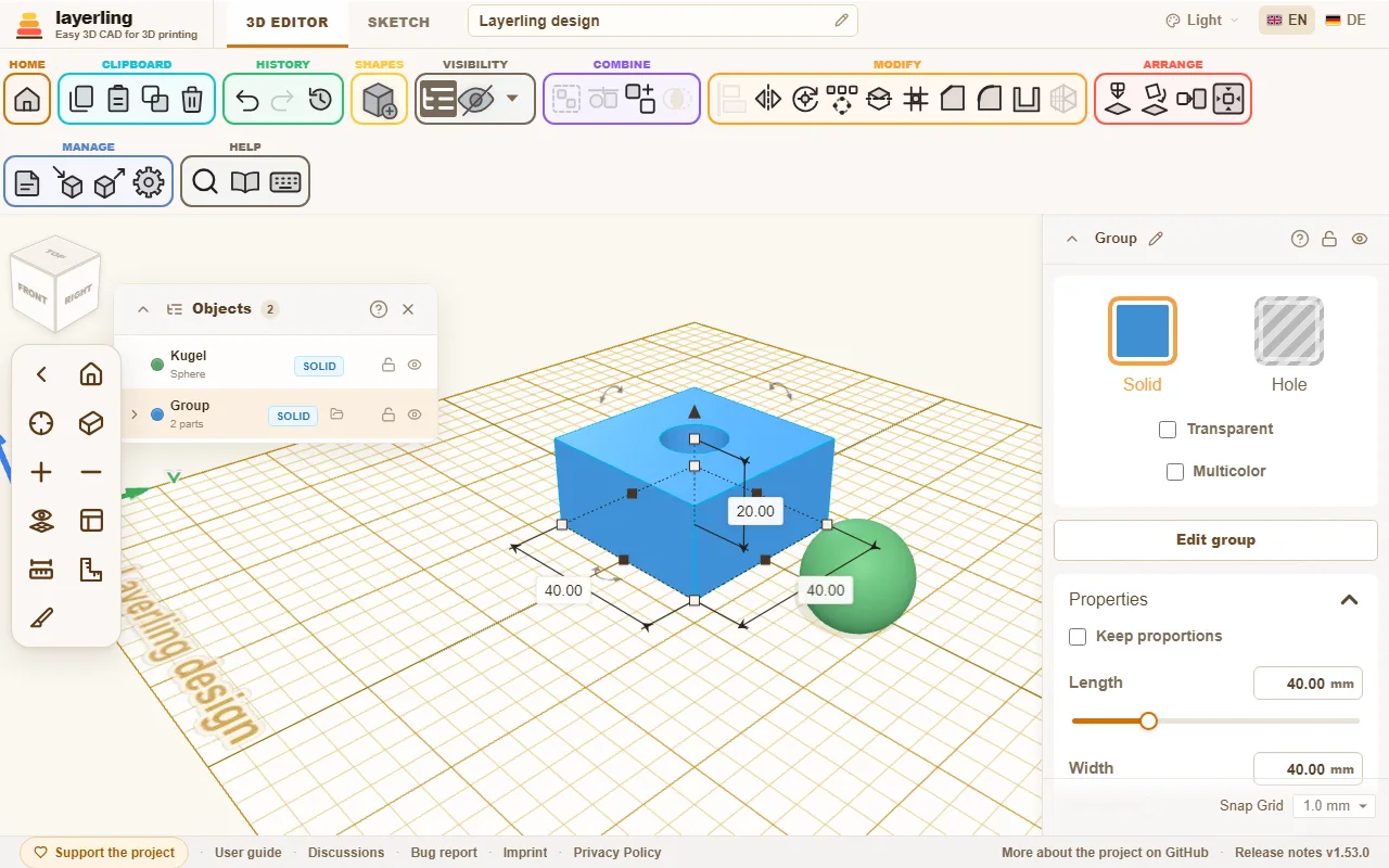 The object list: the group "Group" with two parts and a sphere beside it. A folder icon opens the group.